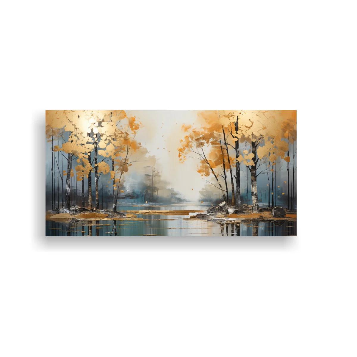 Cuadro bosque otoñal con agua y bruma