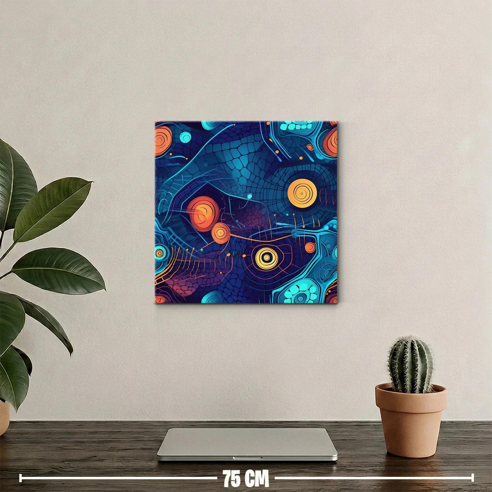 Cuadro abstracto con formas circulares en tonos azules y naranjas — miniatura 2