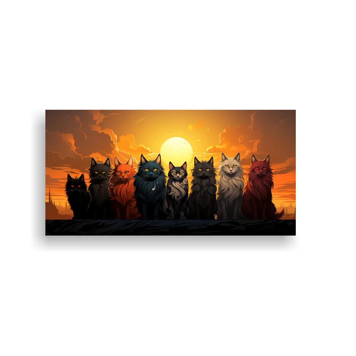 Cuadro grupo de gatos en silueta con gran sol panorámico