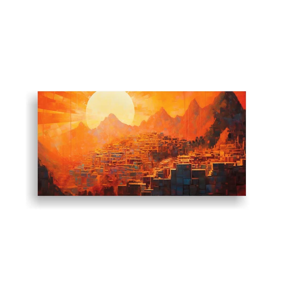 Cuadro ciudad amurallada al atardecer con montañas angulosas — imagen principal