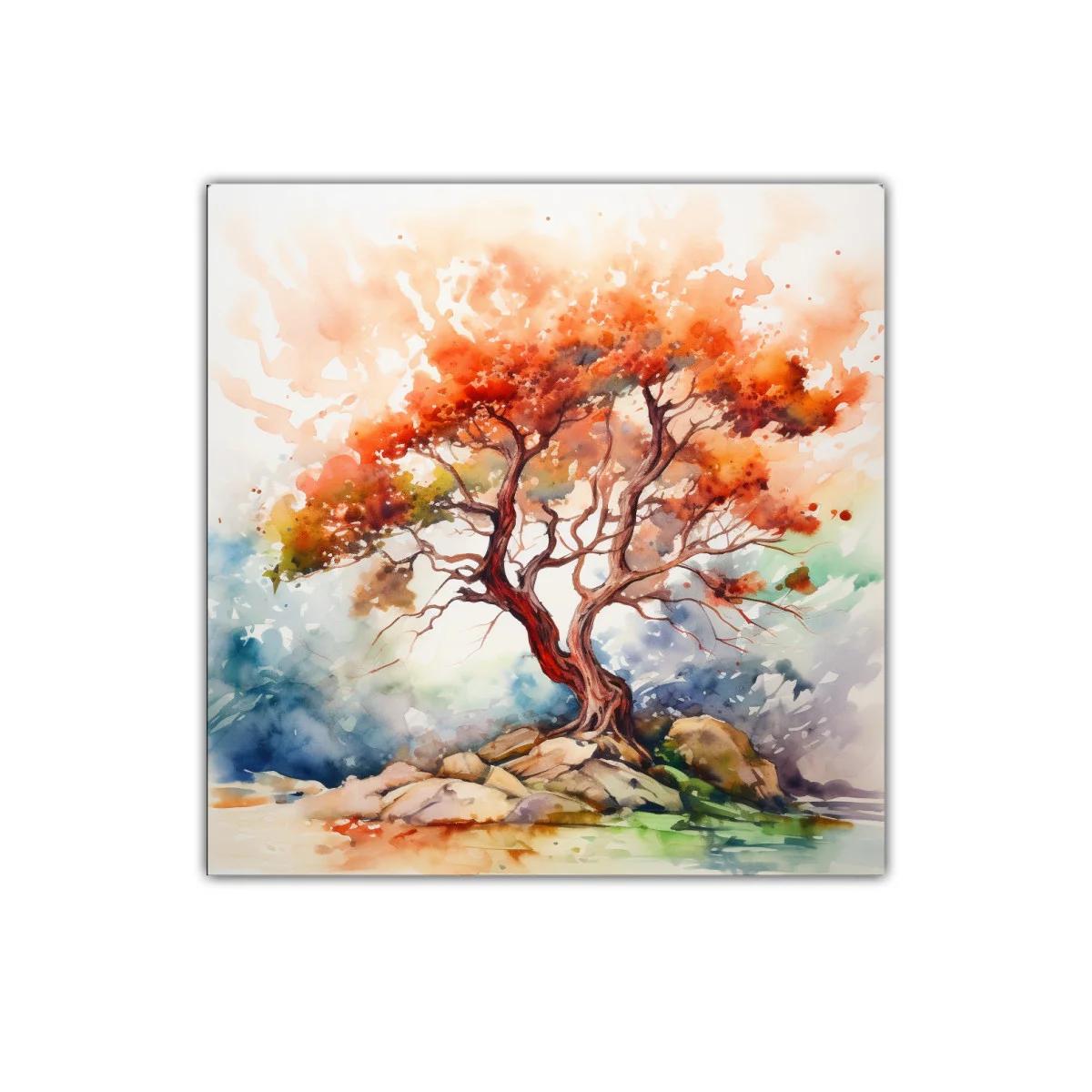 Árbol con follaje cálido y vibrante sobre rocas — imagen principal