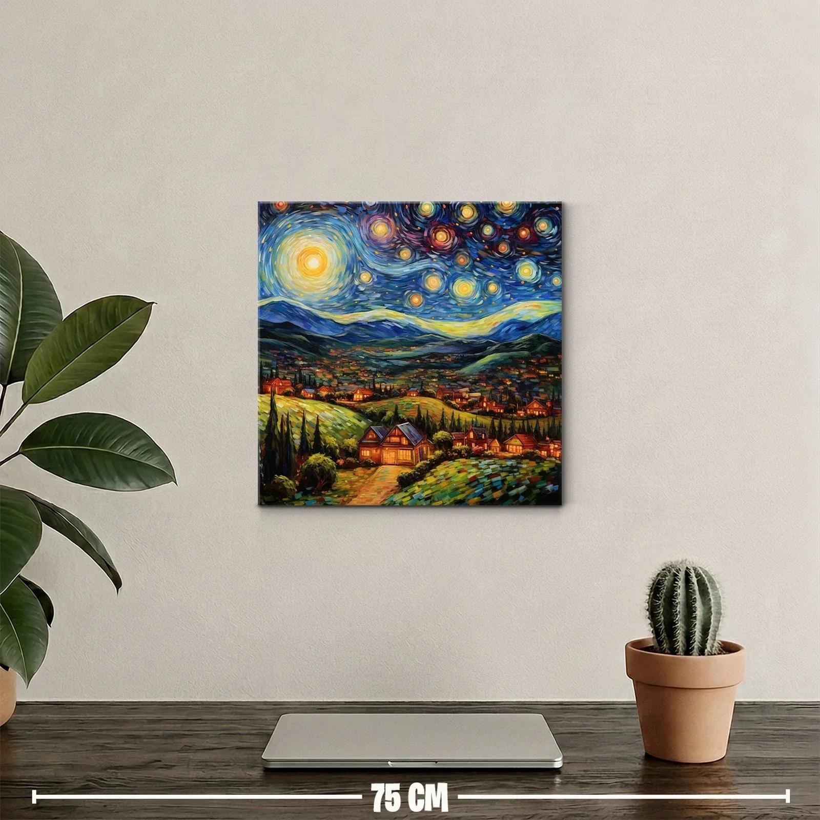 Paisaje Nocturno con Estrellas y Casas Iluminadas — miniatura 2