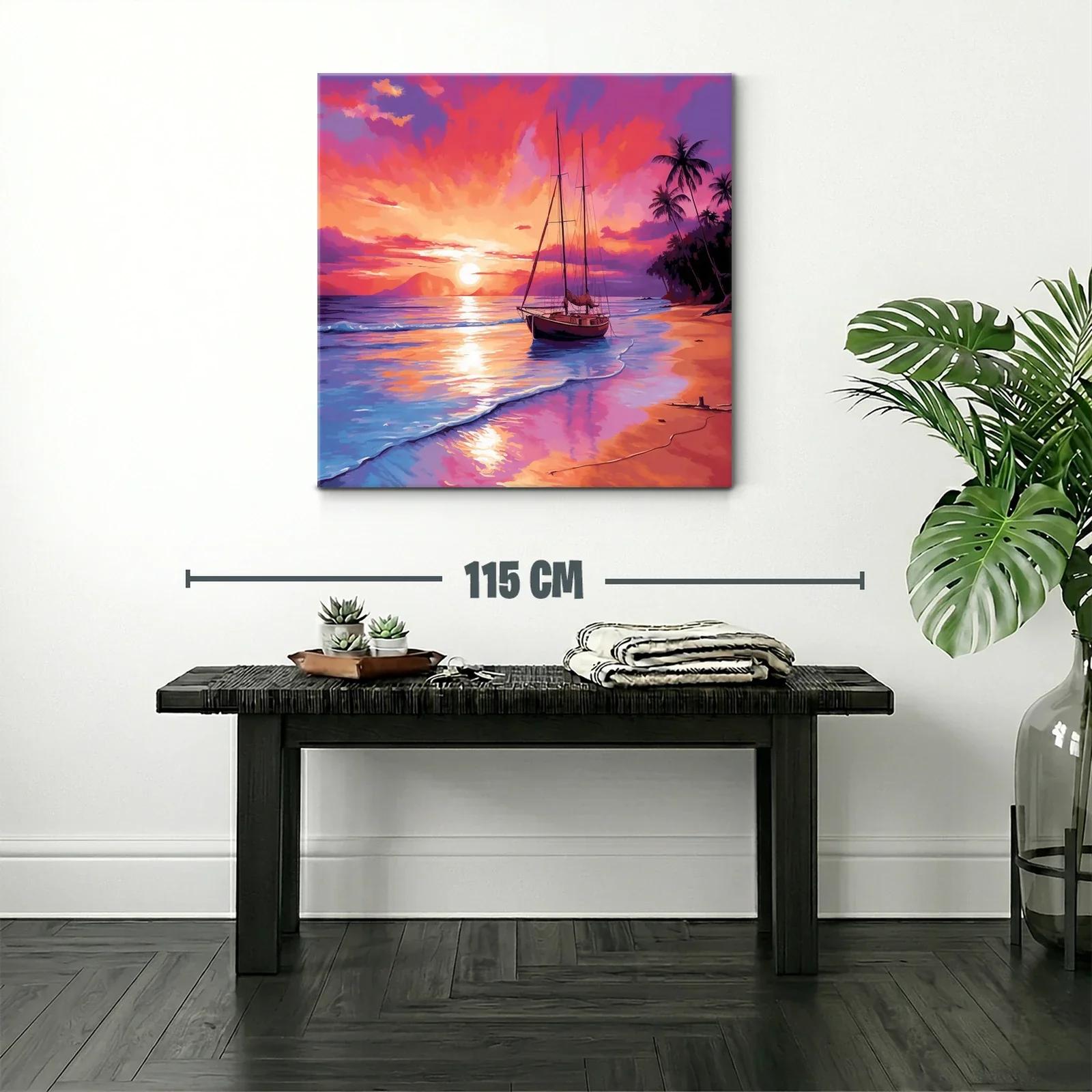 Atardecer vibrante con velero y palmeras en la playa — miniatura 2