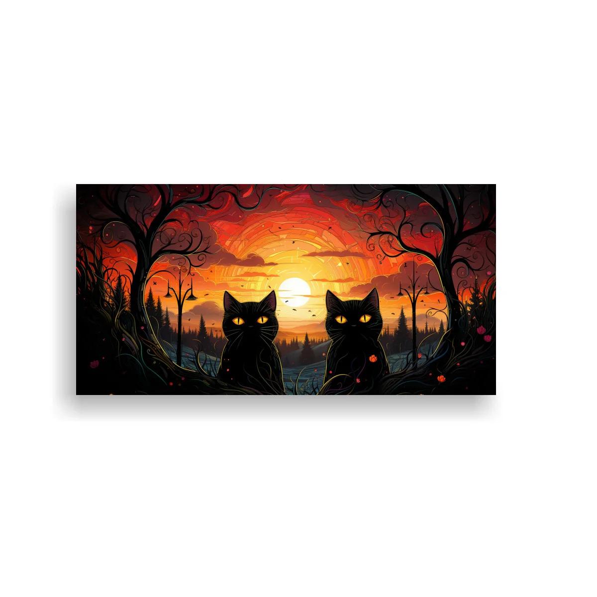 Cuadro dos gatos negros con ojos brillantes y sol naranja