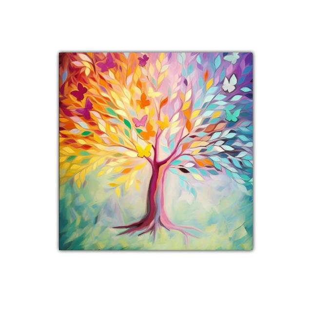 Árbol colorido con mariposas vibrantes y hojas estilizadas