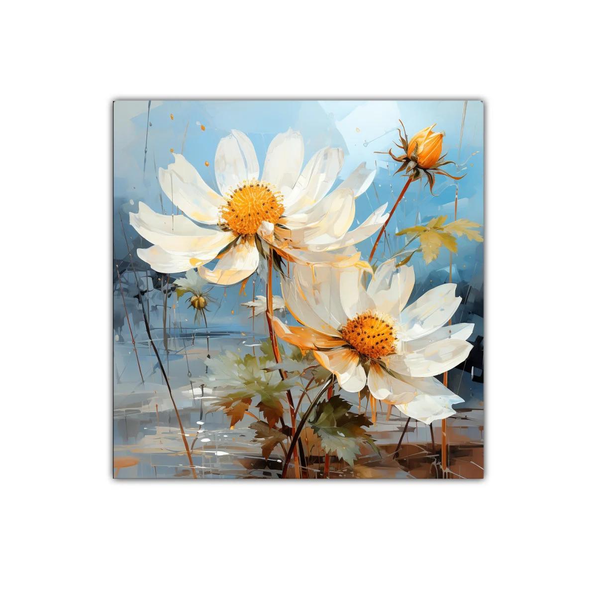 Cuadro decorativo con flores blancas y fondo azul — imagen principal
