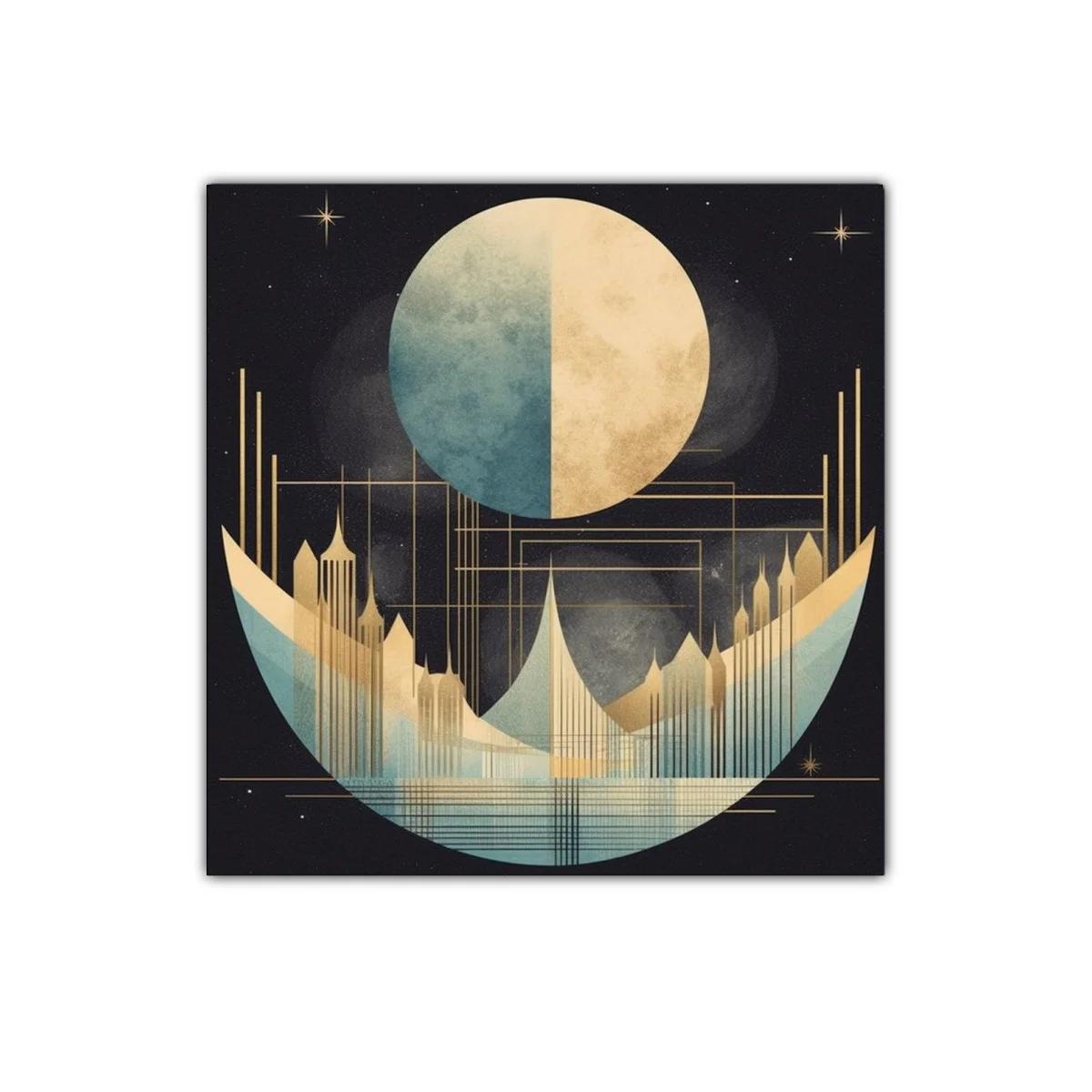 Cuadro abstracto con luna y ciudad futurista en tonos dorados