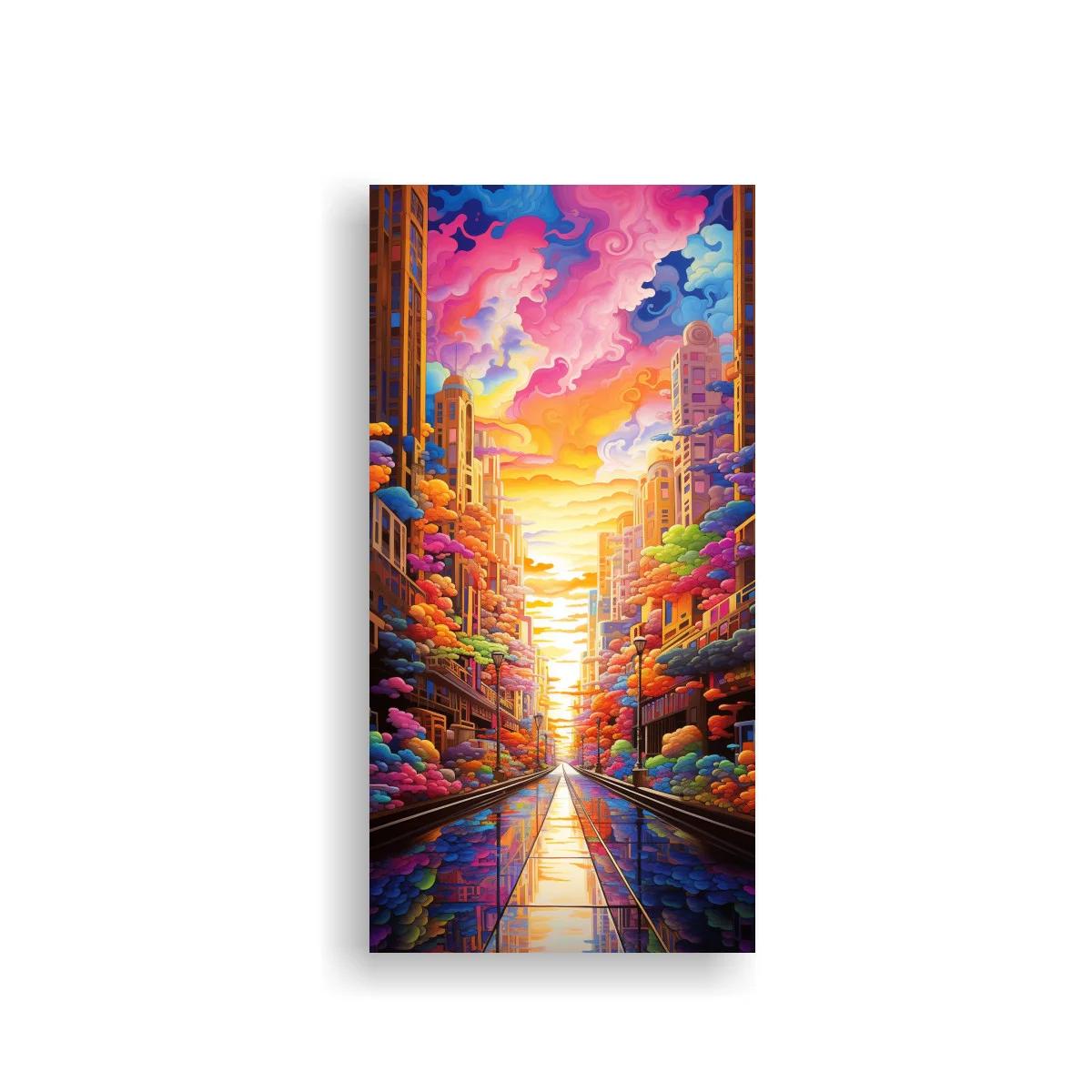 Cuadro avenida urbana al atardecer con cielo ondulado
