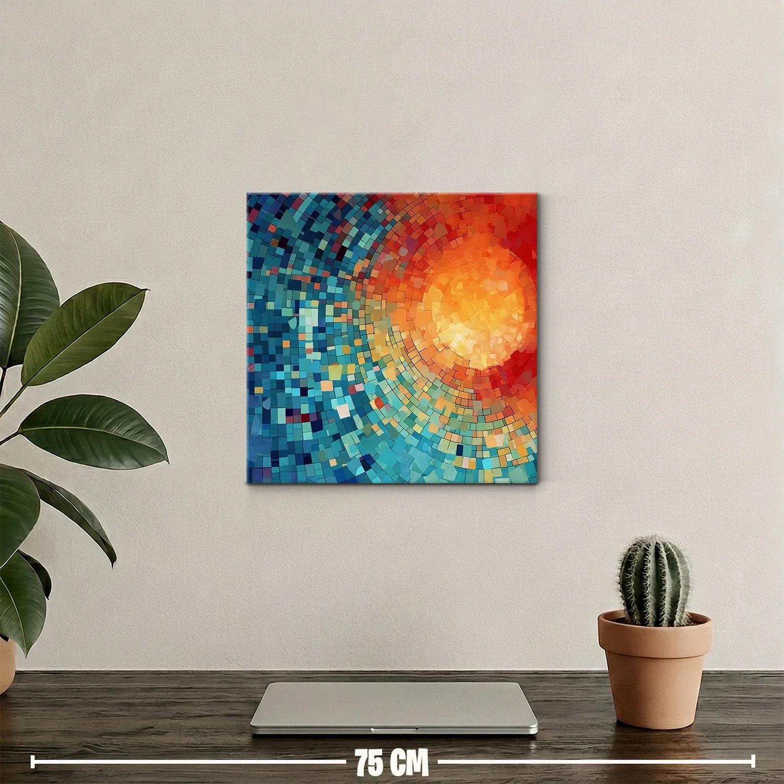 Cuadro abstracto con patrones circulares en tonos cálidos y fríos — miniatura 2