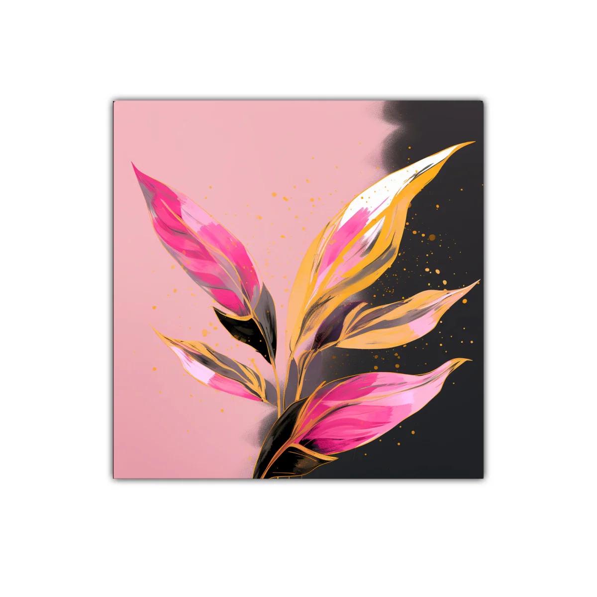 Cuadro decorativo hojas vibrantes en tonos rosa y dorado — imagen principal