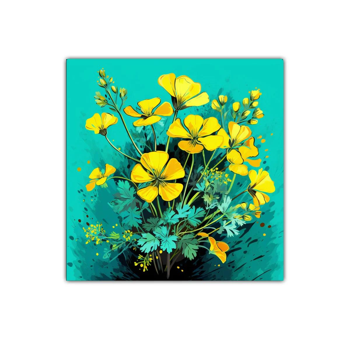 Cuadro decorativo flores amarillas sobre fondo turquesa vibrante — imagen principal