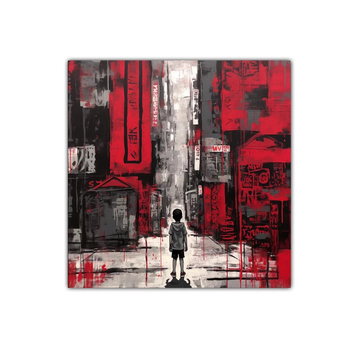 Escena urbana con niño en tonos rojos y grises vibrantes