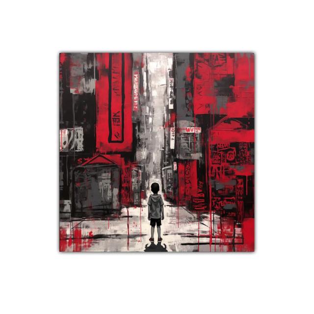 Escena urbana con niño en tonos rojos y grises vibrantes