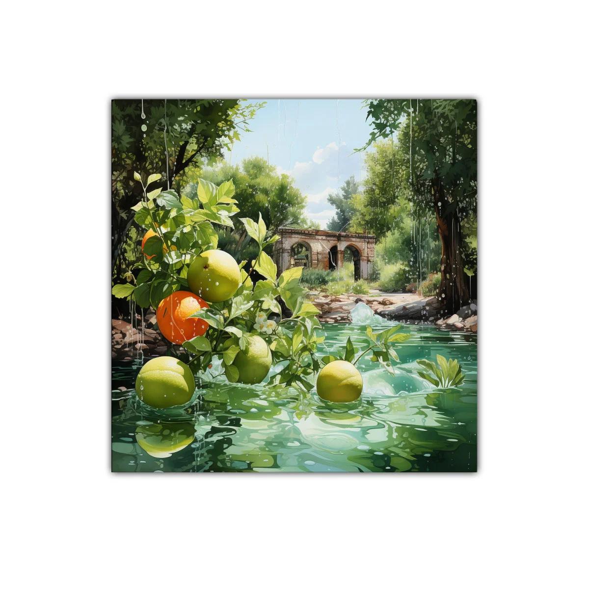 Naturaleza fresca con frutas y paisaje rústico — imagen principal