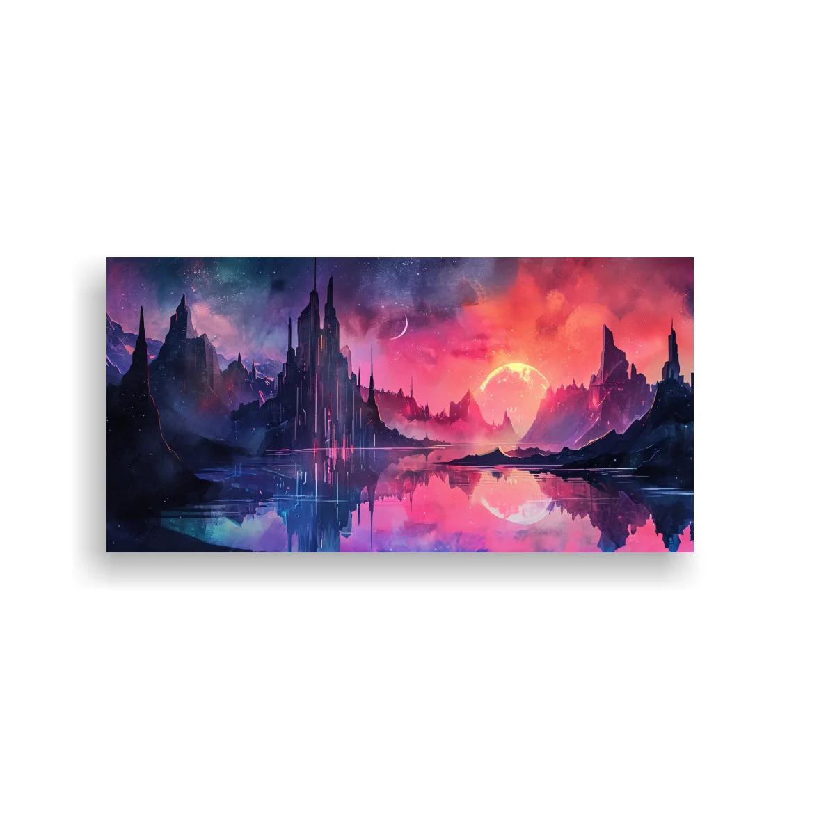 Cuadro paisaje fantástico con castillos reflejados en el agua