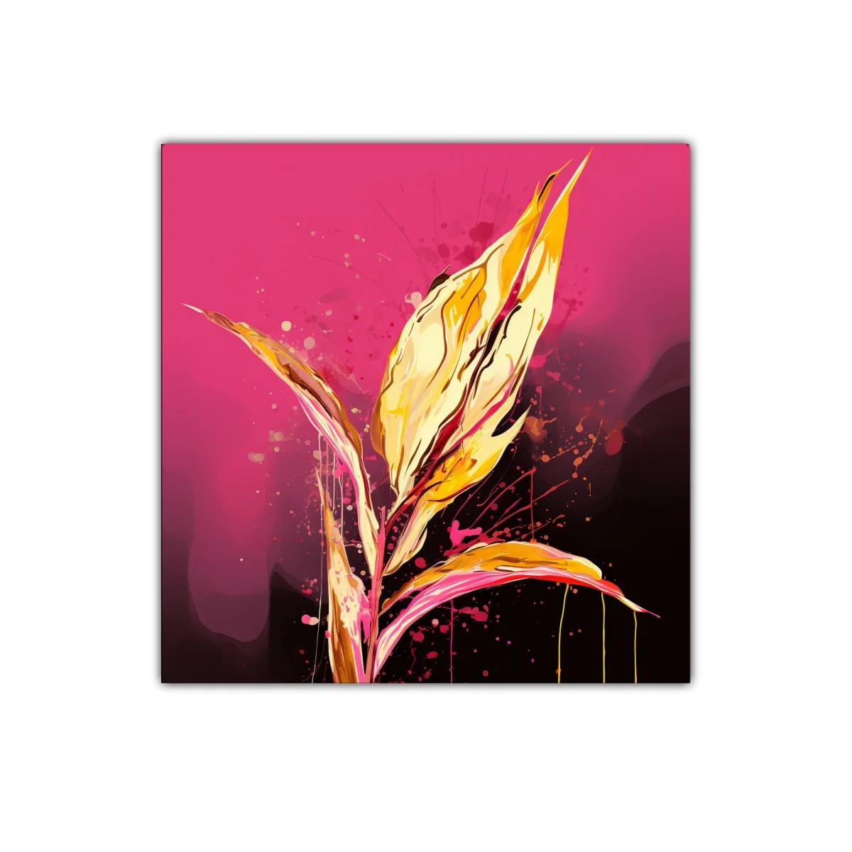 Cuadro abstracto con hojas vibrantes en tonos dorados y rosa — imagen principal