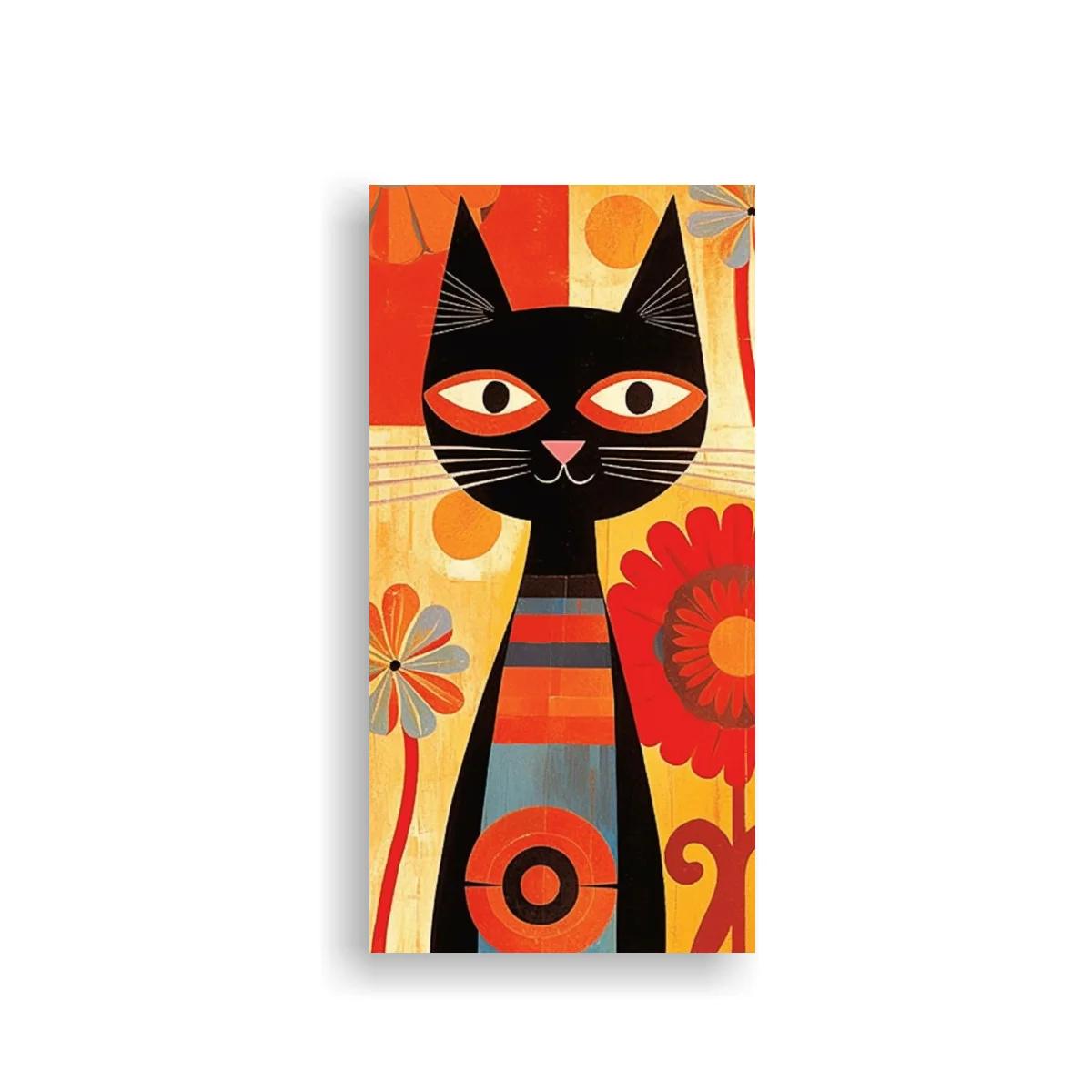 Cuadro gato negro con flores y tallos curvos — imagen principal