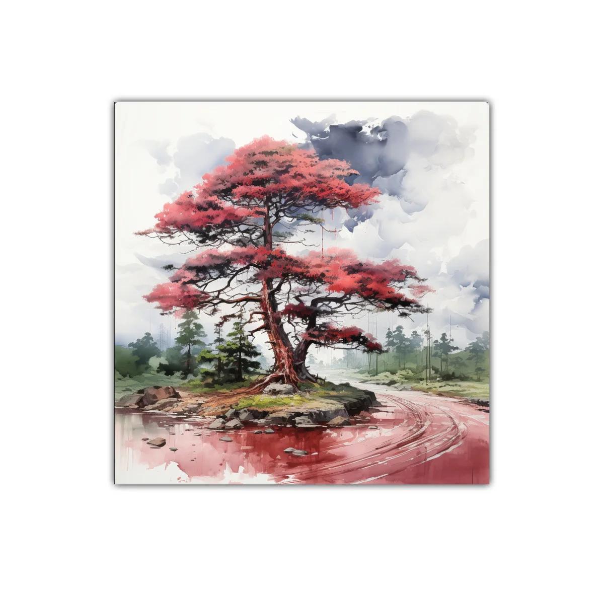 Árbol rojo junto al río en paisaje tranquilo y etéreo