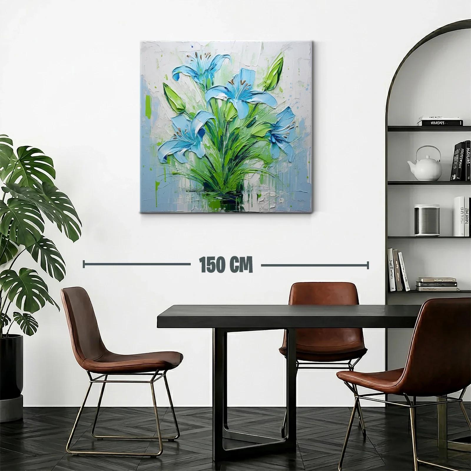 Cuadro floral intenso con lirios azules y verdes vibrantes — miniatura 2