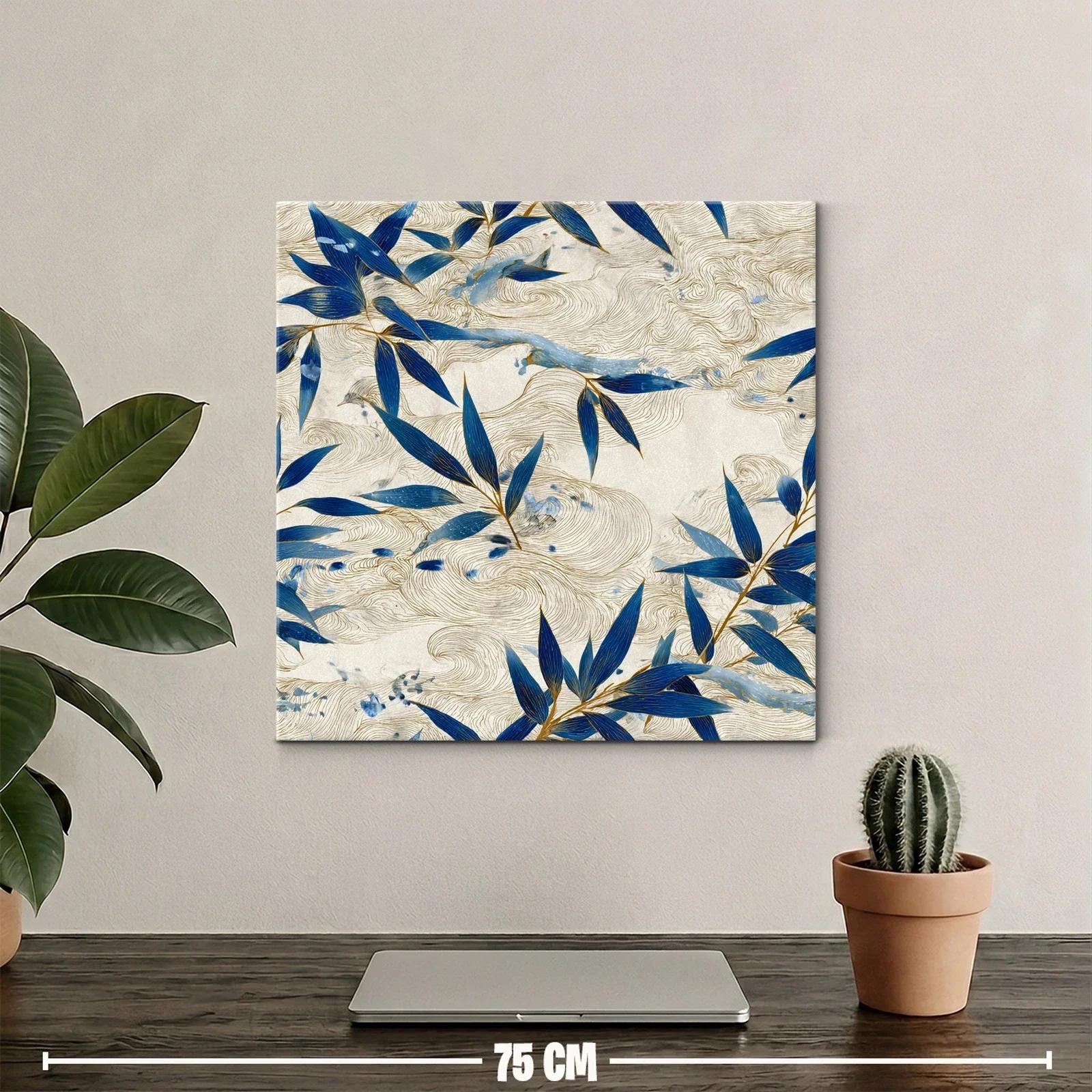 Cuadro con hojas azules y trazos dorados sobre fondo beige — miniatura 2