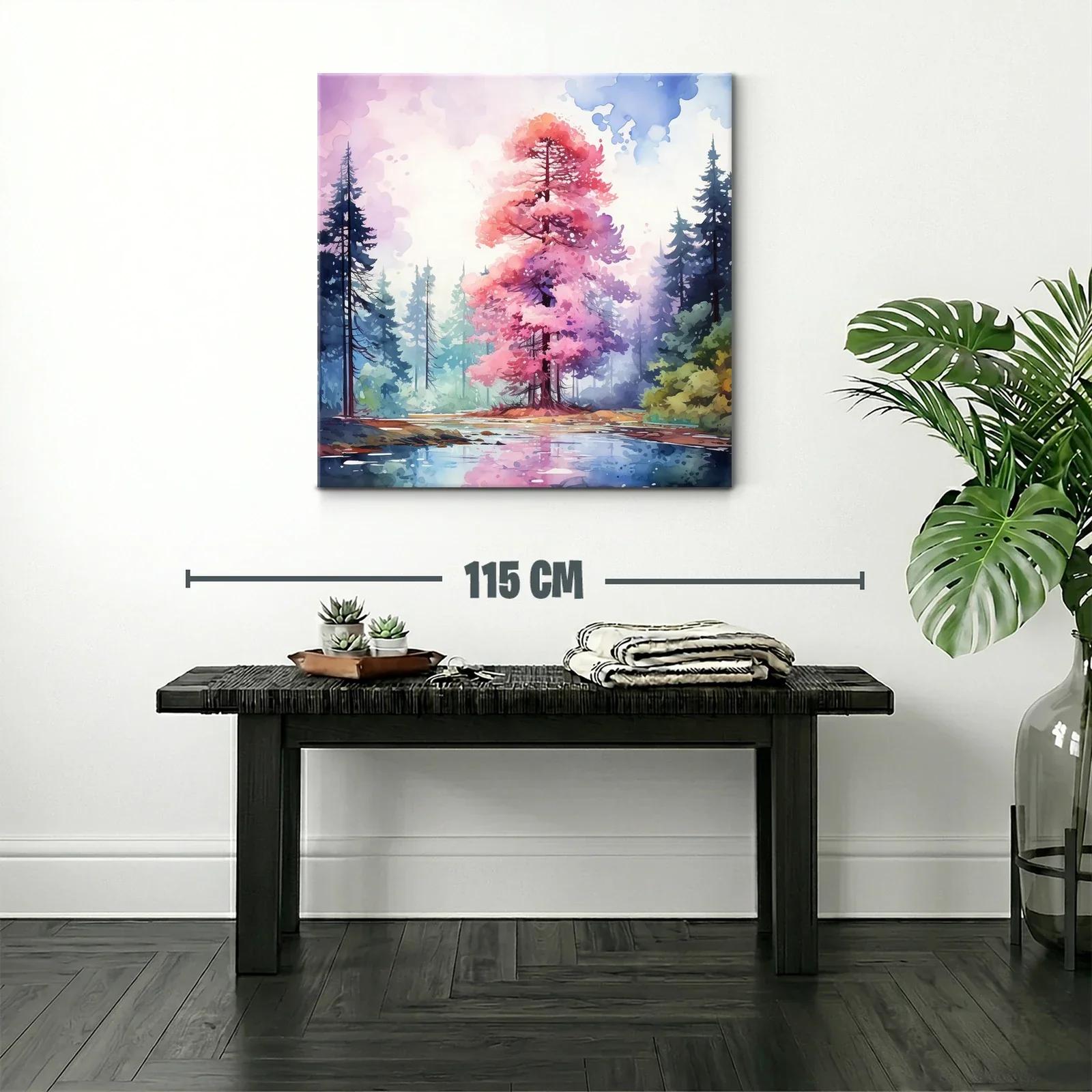 Árbol rosa en paisaje sereno junto a lago reflejado — miniatura 2
