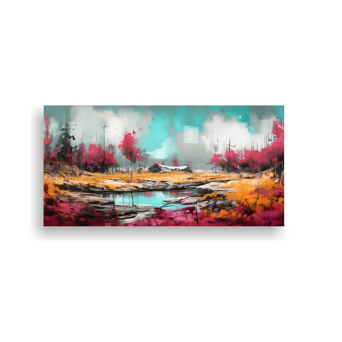 Cuadro paisaje con lago y árboles rosados — imagen principal