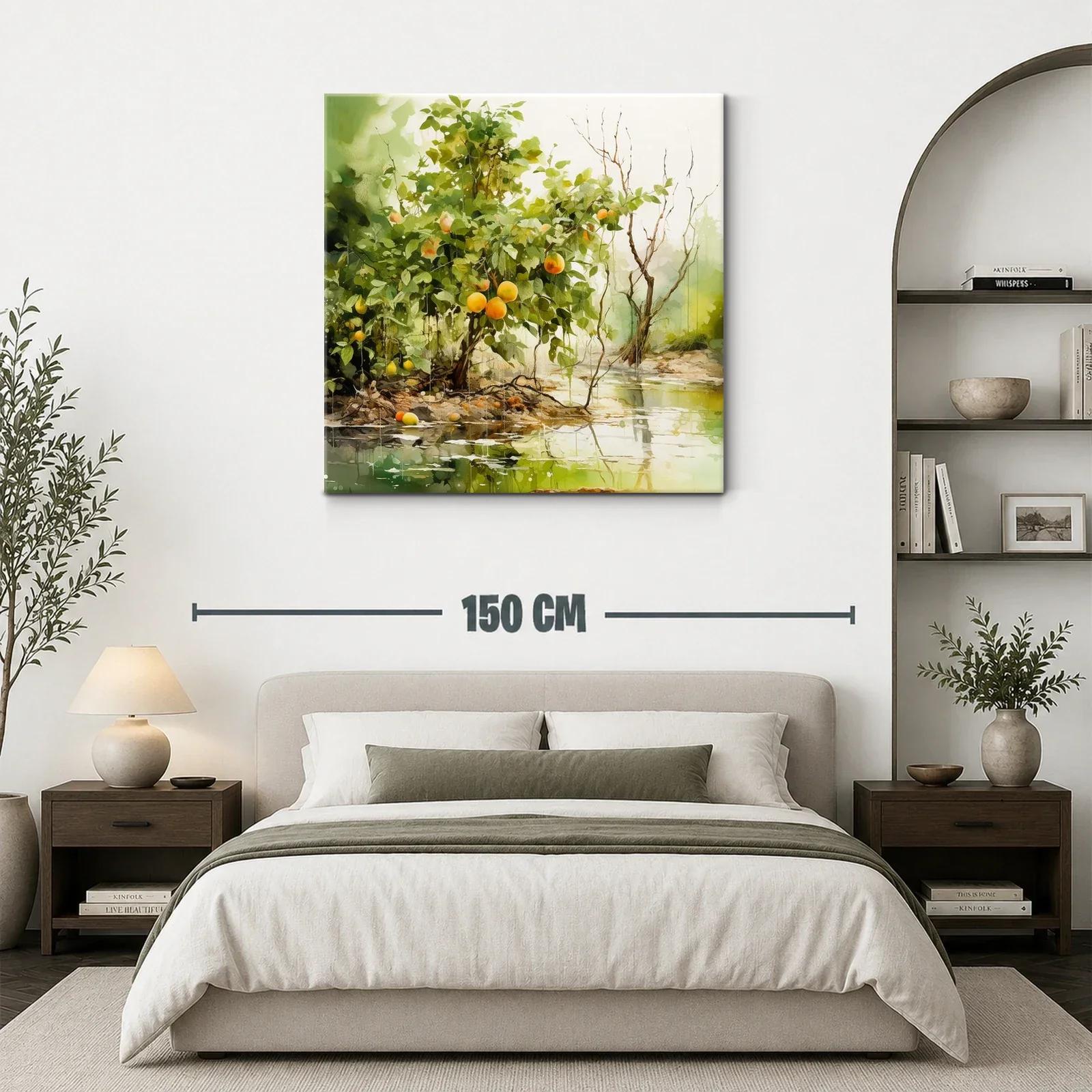 Cuadro paisaje natural con árboles y frutos en tonos verdes y naranjas — miniatura 3