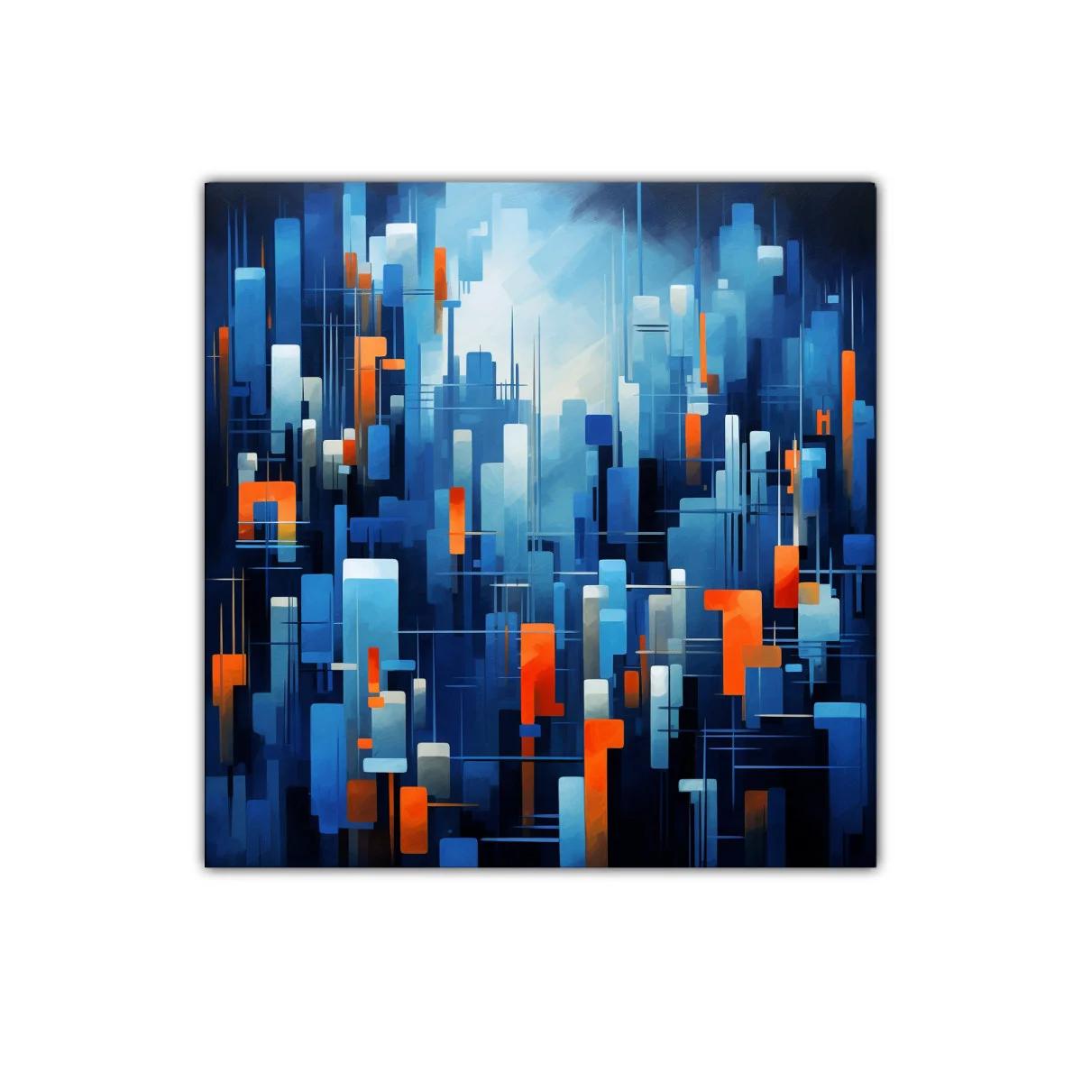 Composición abstracta en tonos azules con toques naranjas vibrantes