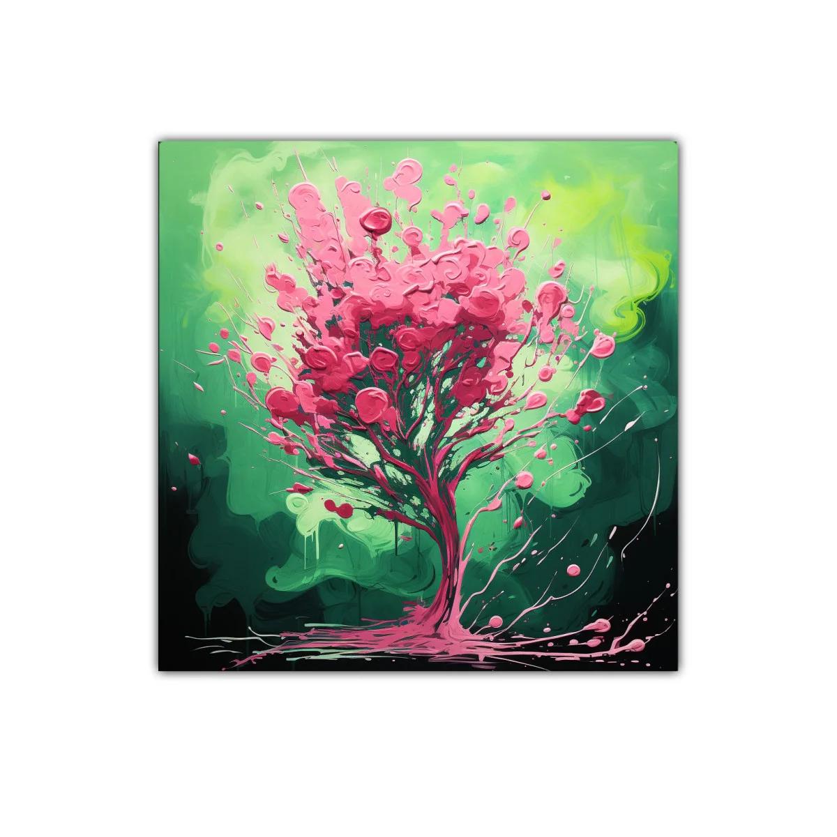 Árbol vibrante en tonos verdes y rosas energéticos