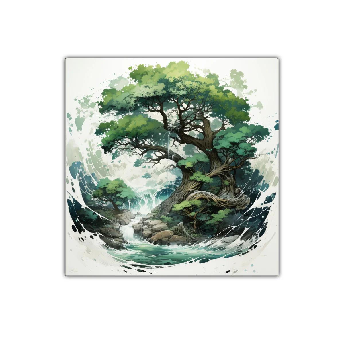 Árbol Majestuoso con Cascada en Escena Natural