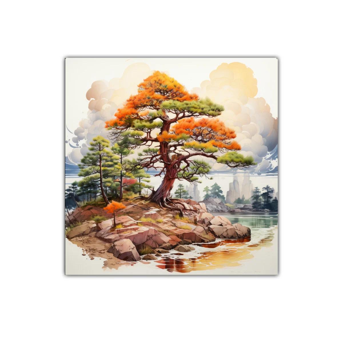 Paisaje con árbol en tonos cálidos junto al agua y rocas — imagen principal