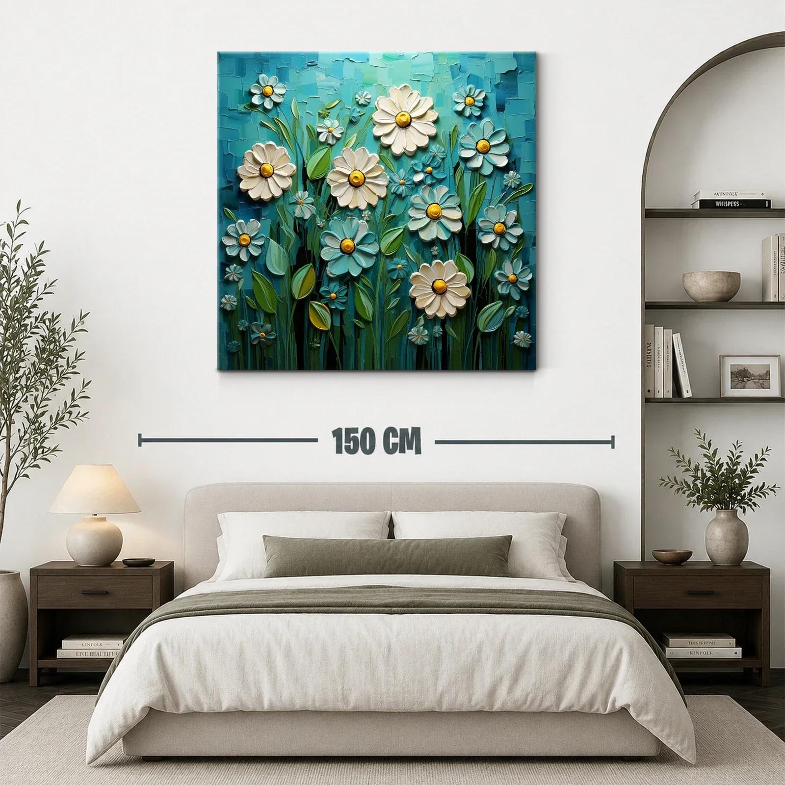 Flores blancas y azules con detalles amarillos en campo vibrante — miniatura 3