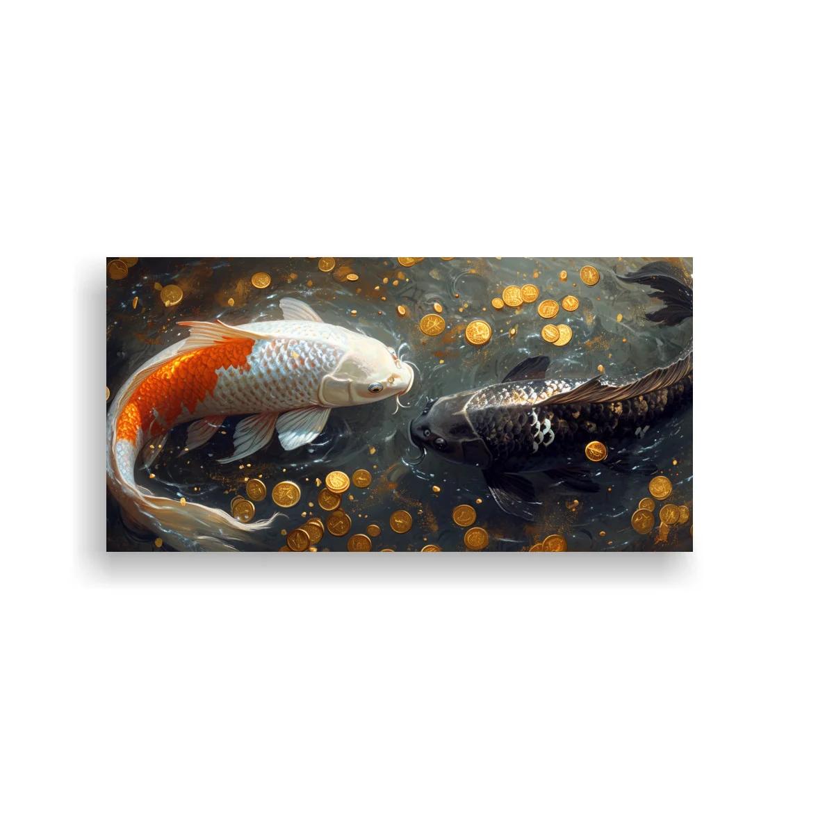 Cuadro peces koi en movimiento circular sobre agua oscura
