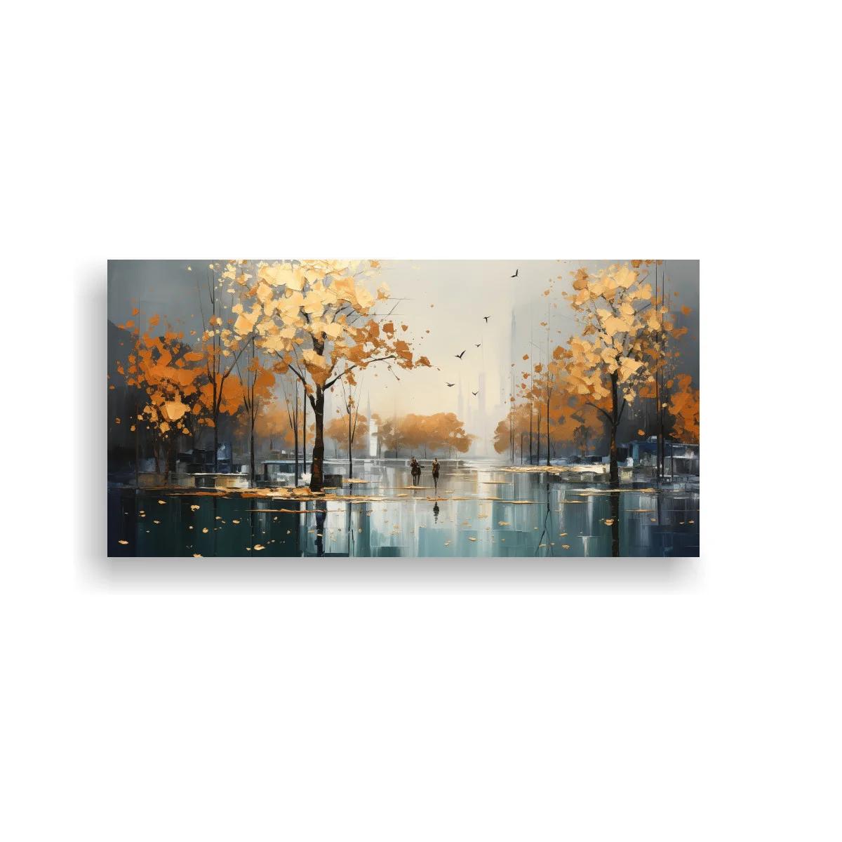 Cuadro paisaje urbano con árboles otoñales y reflejos amplios