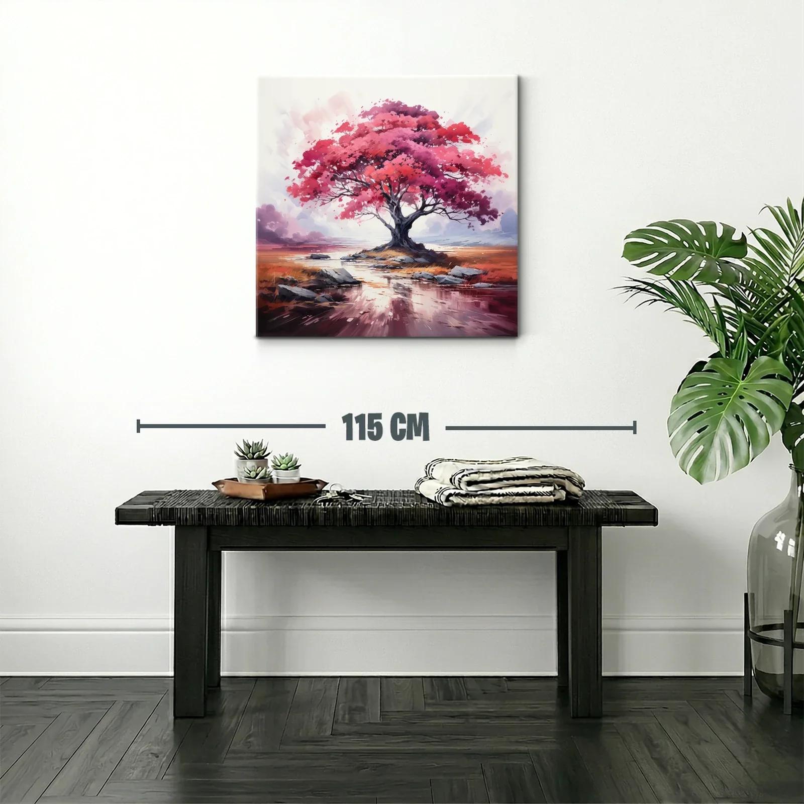 Árbol en tonos rosas y rojos sobre paisaje sereno — miniatura 2