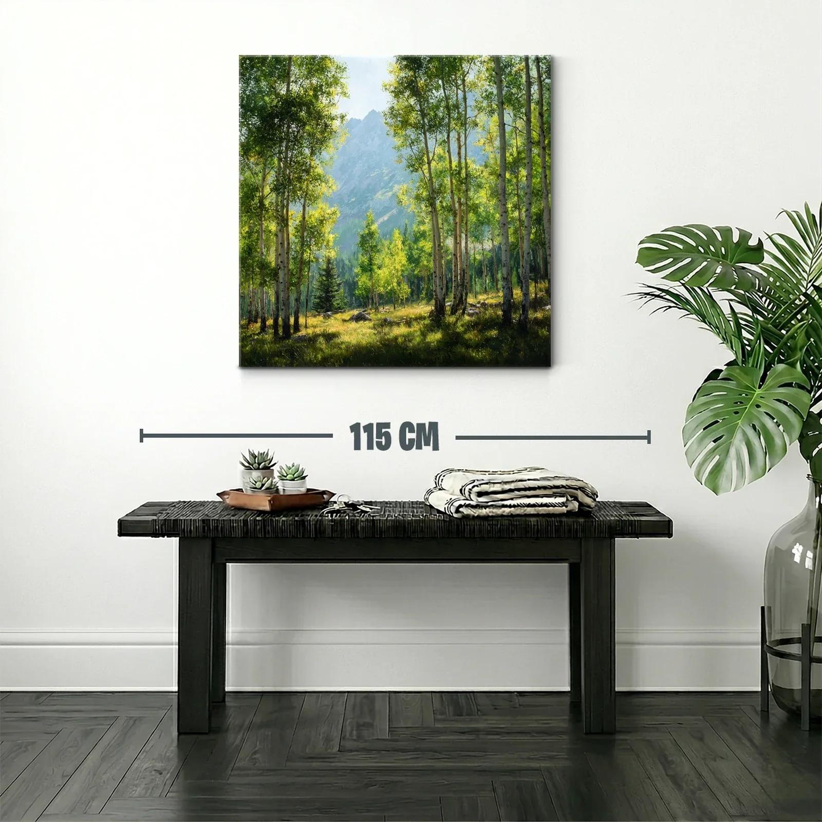 Bosque iluminado con montañas al fondo en tonos verdes y azules — miniatura 2