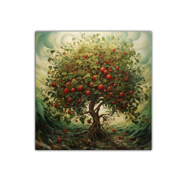 Árbol frutal en pleno esplendor con tonos vivos y naturales