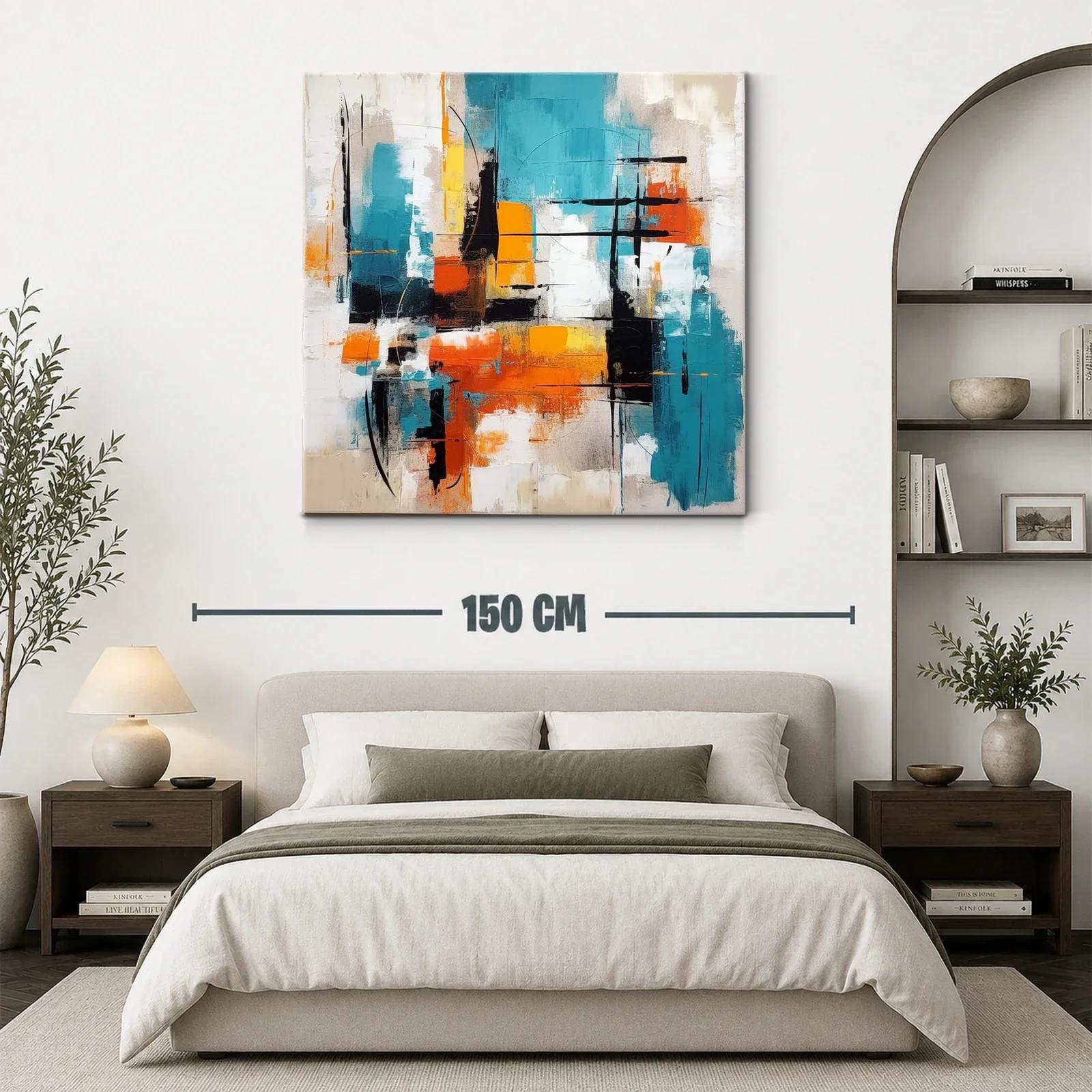 Cuadro abstracto vibrante con tonos turquesa y naranja — miniatura 3