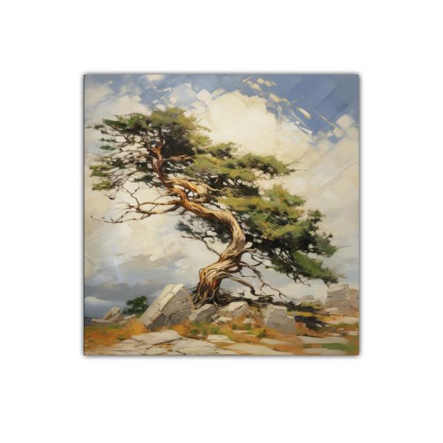 Árbol solitario entre rocas con cielo iluminado