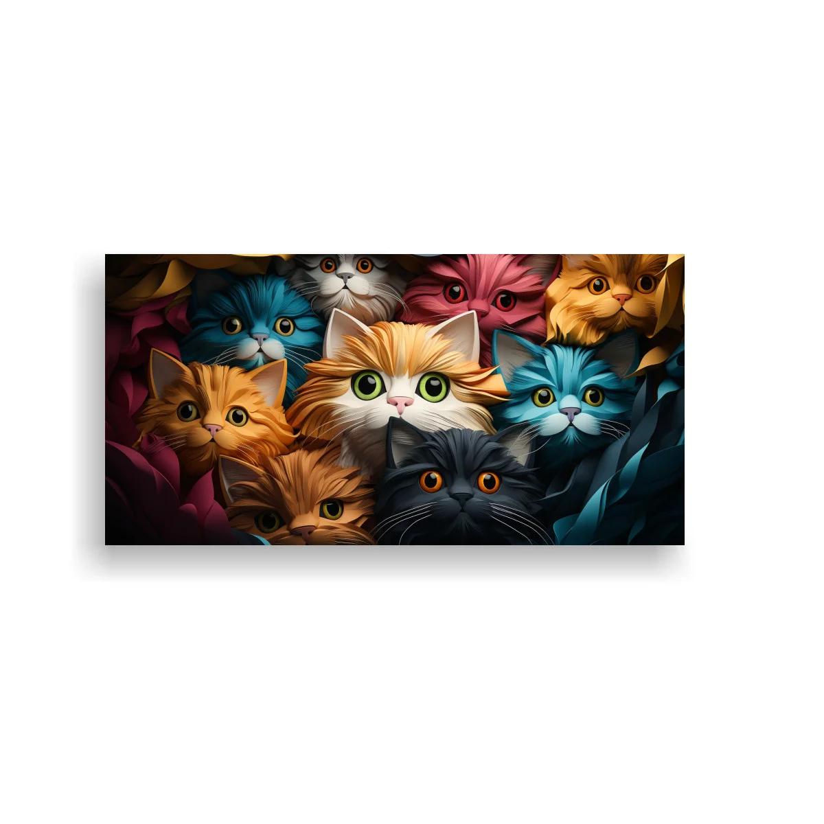 Cuadro grupo de gatos de colores entre sombras envolventes