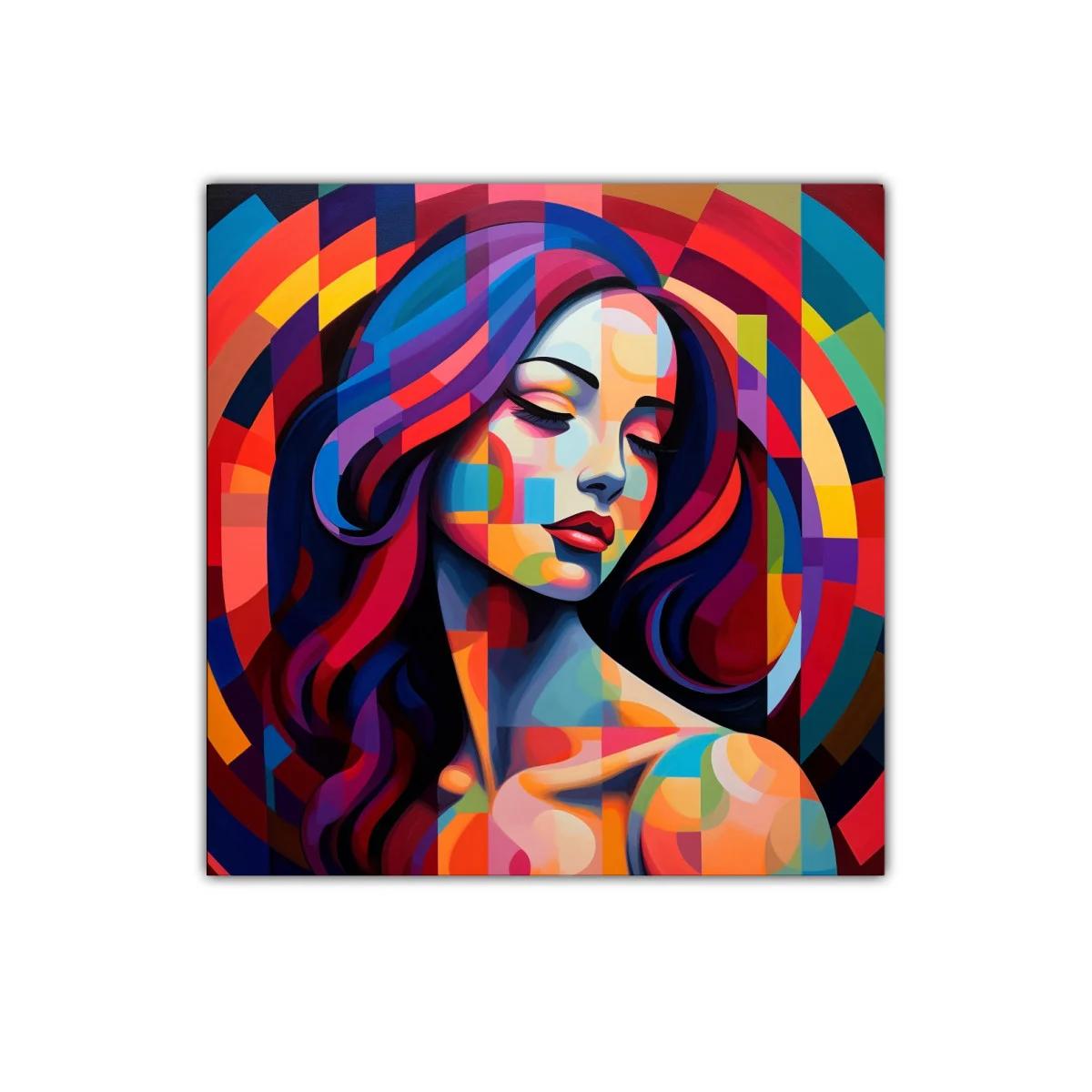 Rostro femenino en vibrantes formas geométricas coloridas — imagen principal