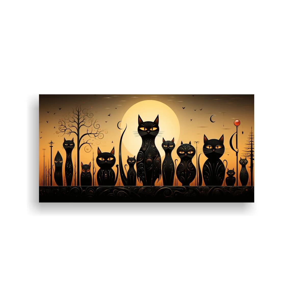 Cuadro gatos negros con luna llena y pájaros volando