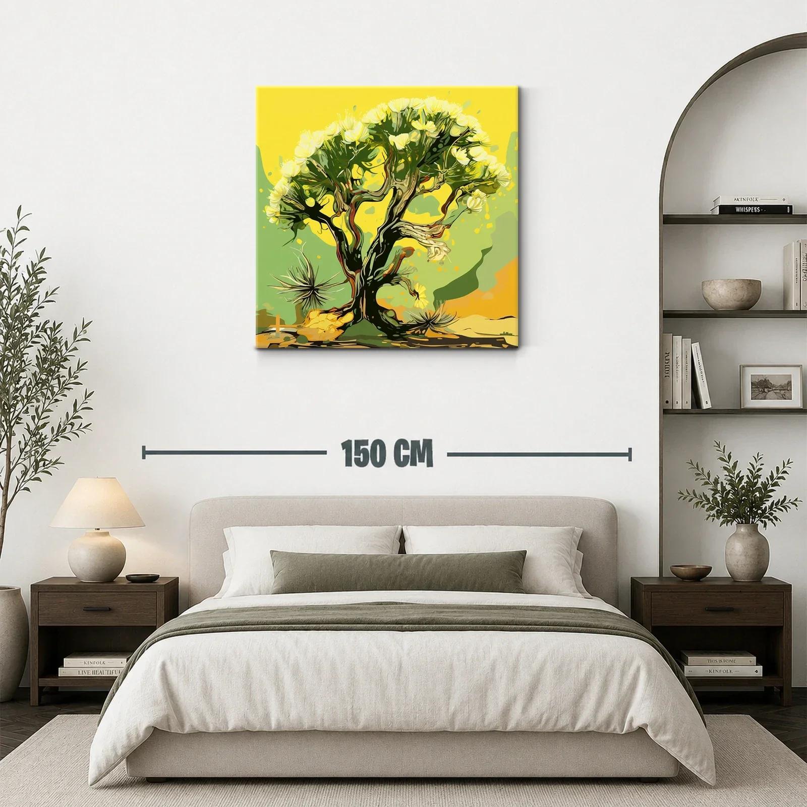 Árbol con Flores Amarillas en Fondo Abstracto Verde — miniatura 3