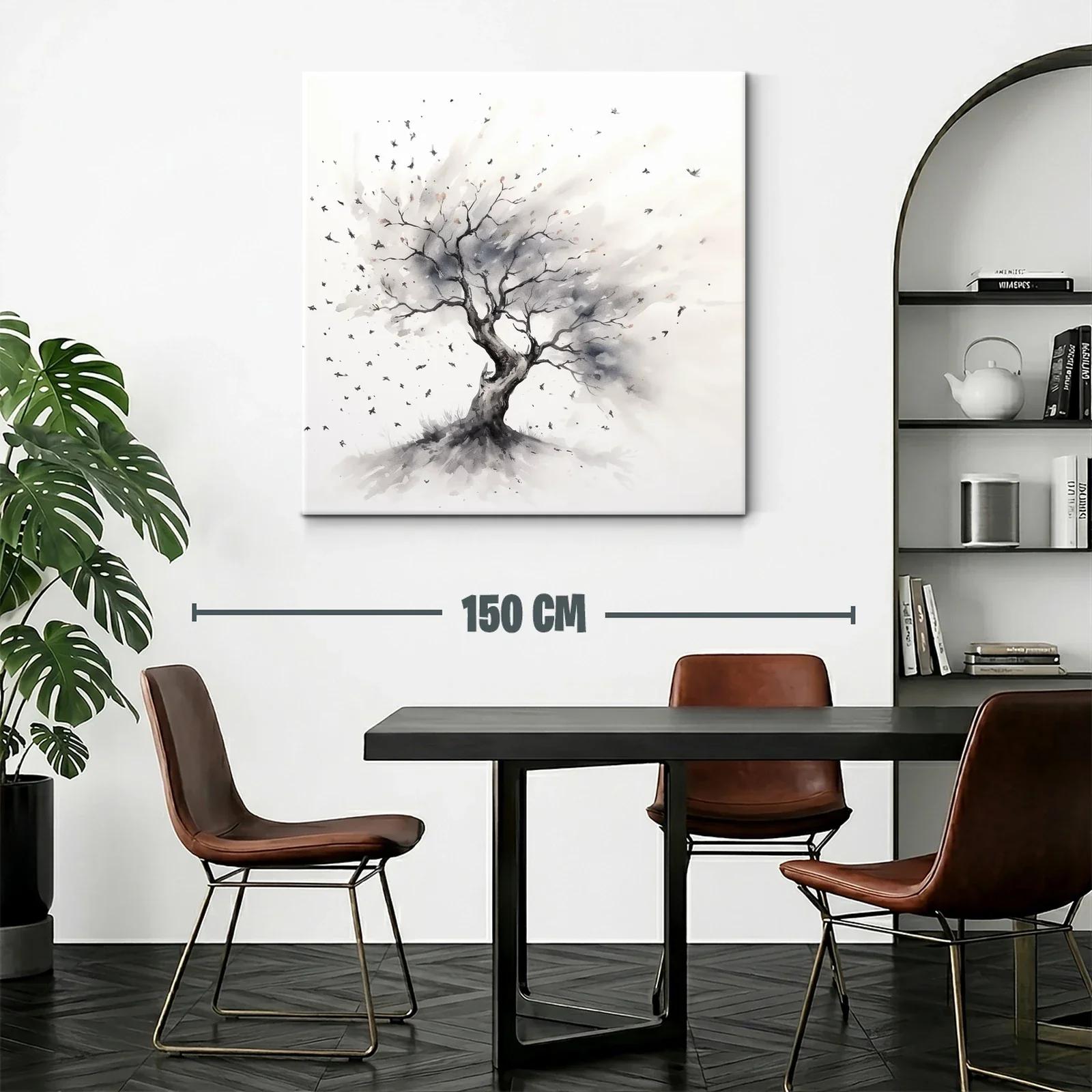 Árbol solitario con aves en tonos neutros — miniatura 2