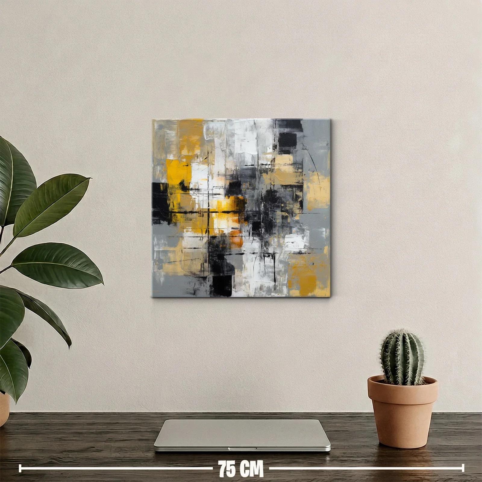 Cuadro abstracto con tonos dorados y acentos en negro y gris — miniatura 2