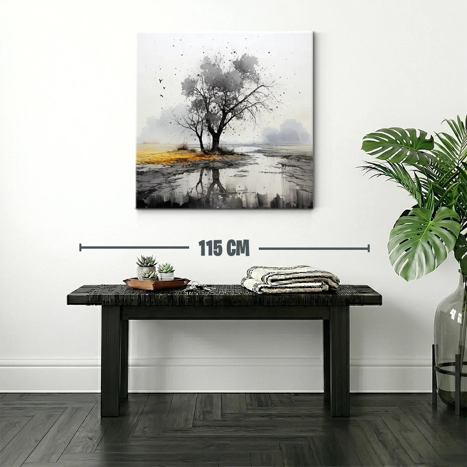 Paisaje sereno con árbol y reflejo en tonos neutros — miniatura 2