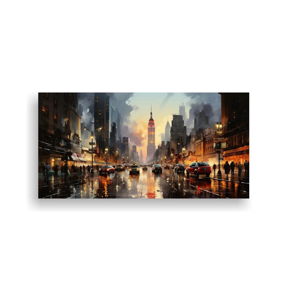 Cuadro calle urbana lluviosa con reflejos anaranjados y blancos