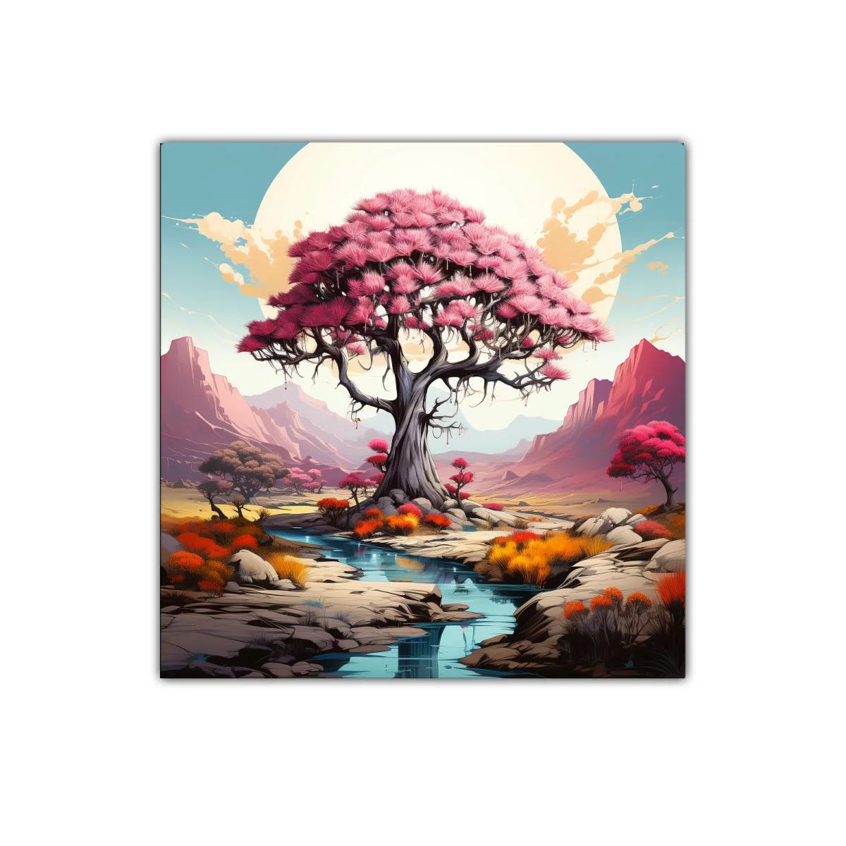 Árbol rosa en paisaje sereno con montañas al fondo — imagen principal