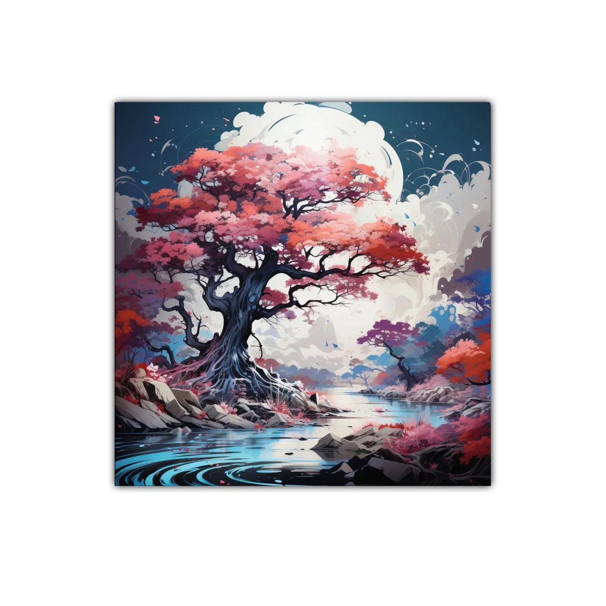 Árbol colorido junto a río en paisaje de ensueño