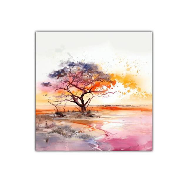 Atardecer vibrante con árbol en paisaje sereno